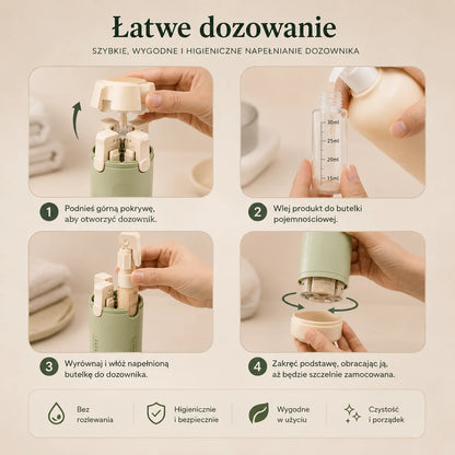 Podróżny Dozownik na Kosmetyki 4w1 – Twój Niezbędnik w Każdej Podróży!