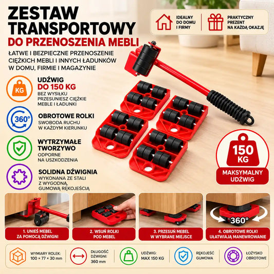 Zestaw do Transportu i Przesuwania Mebli z Podnośnikiem – Udźwig 150 kg