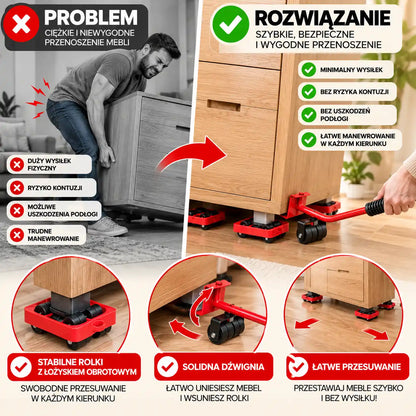 Zestaw do Transportu i Przesuwania Mebli z Podnośnikiem – Udźwig 150 kg