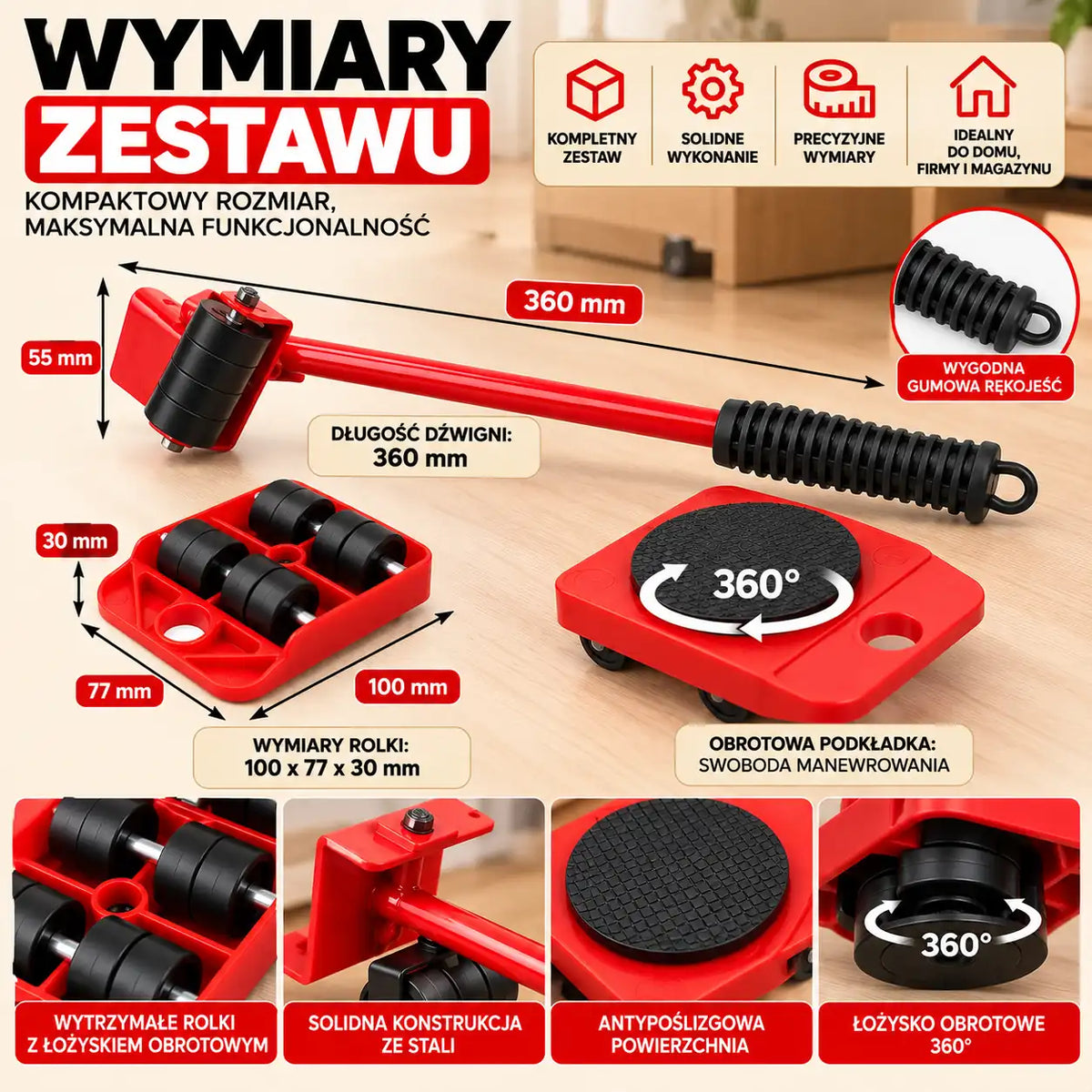 Zestaw do Transportu i Przesuwania Mebli z Podnośnikiem – Udźwig 150 kg