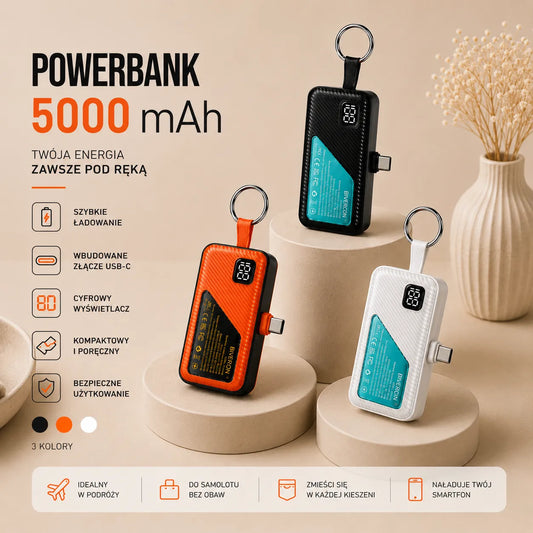 Mini Powerbank 5000 mAh z wbudowanym złączem USB-C