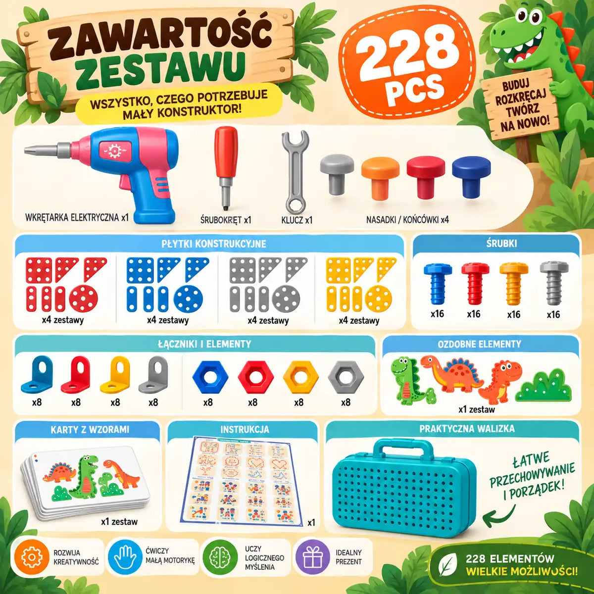 Mały majster - kreatywny zestaw z wiertarką - 228 elementów